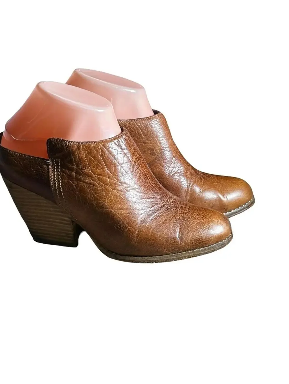 JEFFREY CAMPBELL • Ibiza Last Vinton Brown Leather Stack Heel Mules Booties 7.5